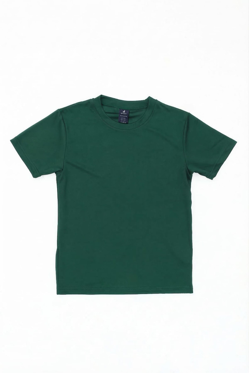 A green youth tee featuring short sleeves and a simple design. The shirt has a branding label inside.