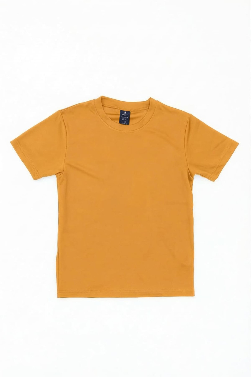 A yellow youth tee featuring a classic crew neck design. The shirt has a logo tag at the neckline.