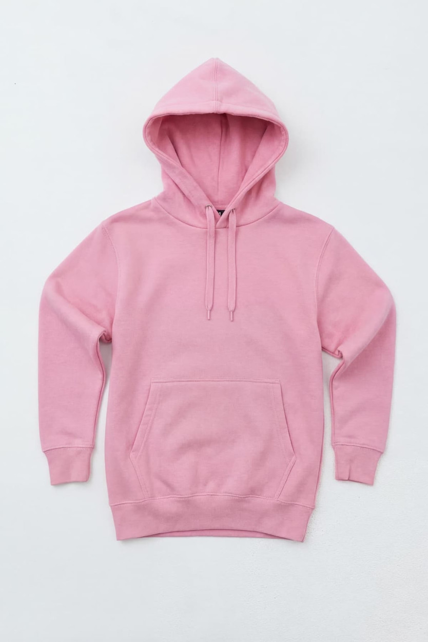 A pink hoodie featuring a front pocket and a hood, with a logo on the front.