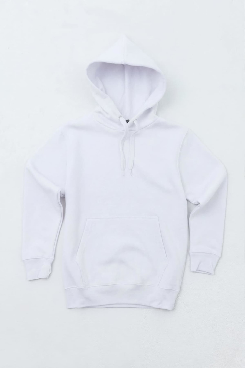 A white youth hoodie featuring a front pocket and a drawstring hood. The garment has a logo on it.