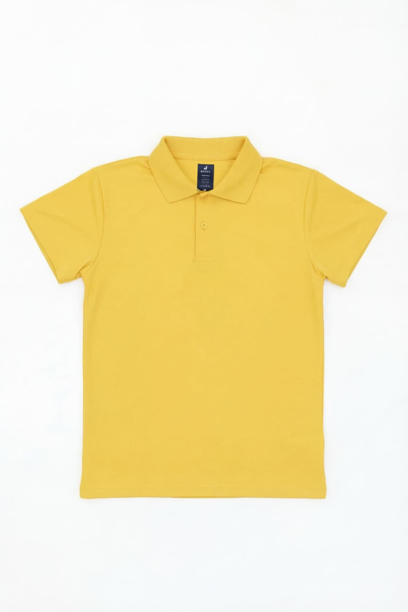 A yellow youth polo shirt with a collar and short sleeves, featuring a branding label.