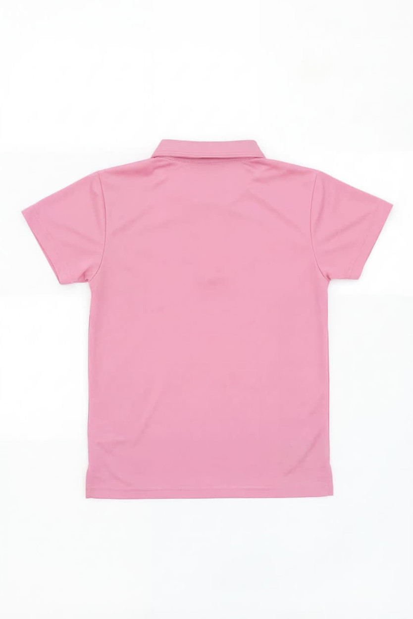 A pink polo shirt with a classic collar and short sleeves, featuring a branding logo on the back.