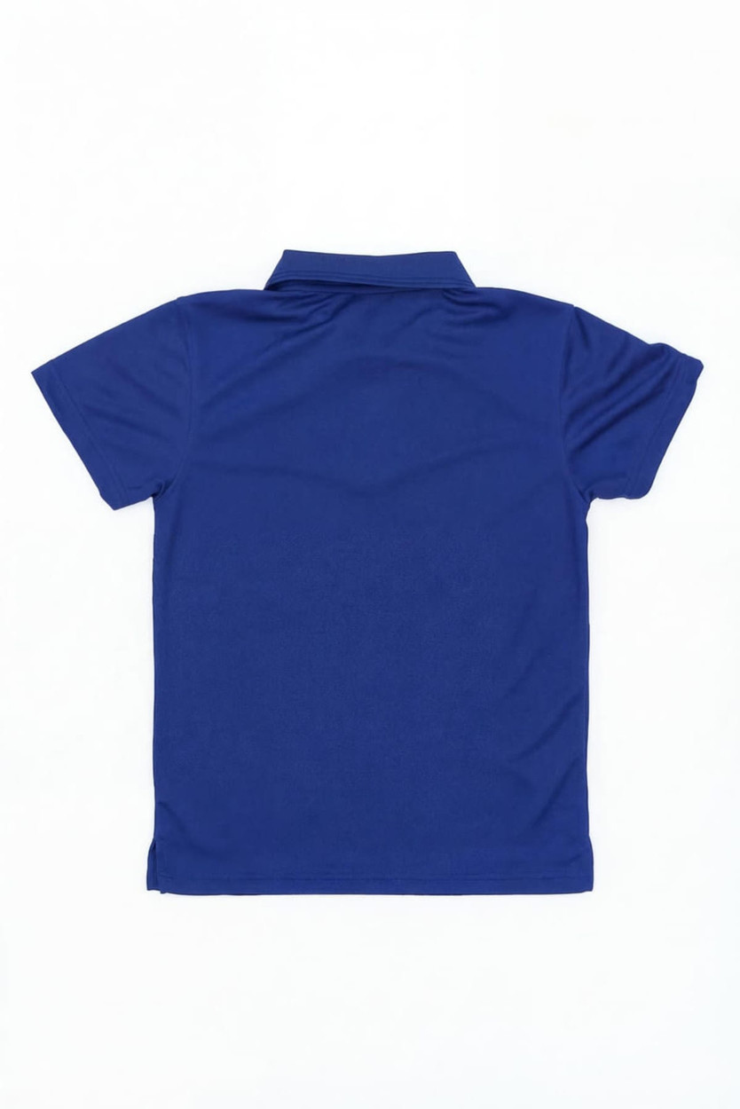 A blue youth polo shirt with a plain back, featuring a collar and short sleeves. It has a logo on the upper back.