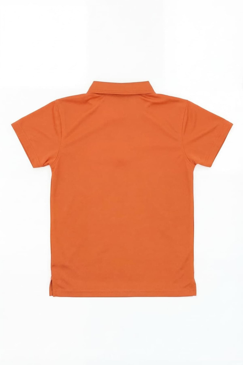An orange polo shirt with a collar and short sleeves, featuring a logo on the back.