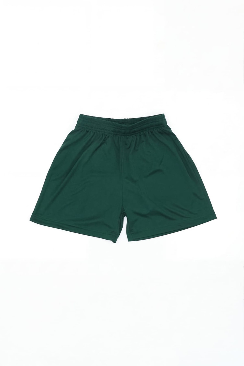 Green sports shorts featuring an elastic waistband and a logo. Ideal for a variety of athletic activities.
