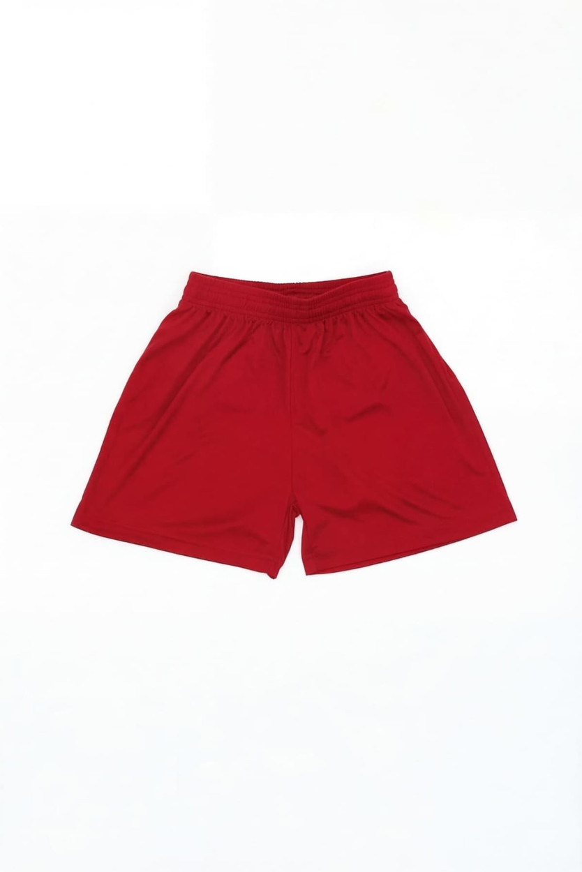 Red sports shorts with an elastic waistband, featuring a logo. Suitable for youth activities.