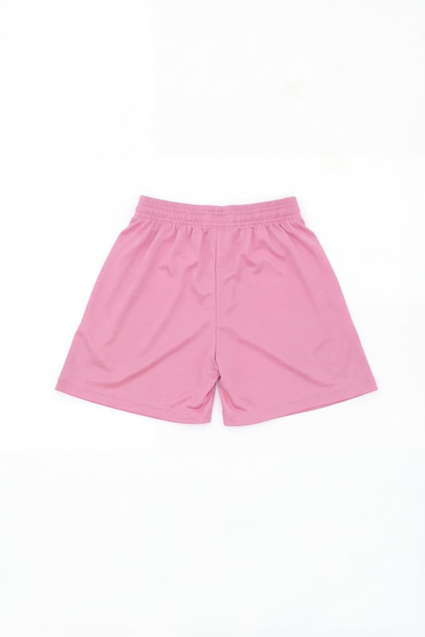 A pair of pink sports shorts with an elastic waistband and a logo. These are categorised as "Youth Core Shorts."