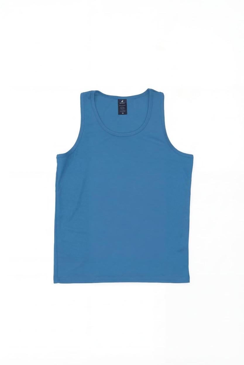 A blue youth singlet made from soft fabric, featuring a logo at the top. Suitable for sports activities.