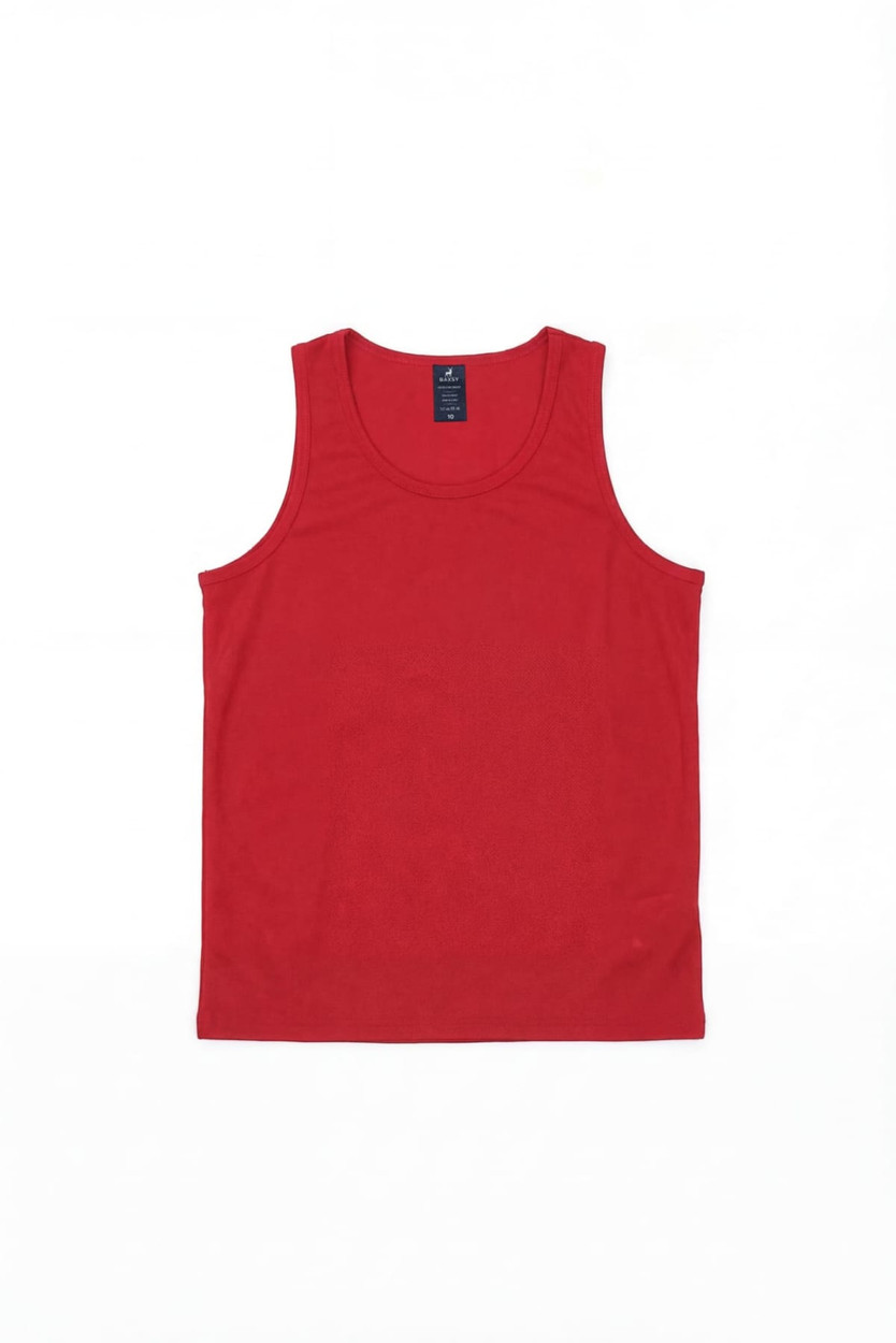 A red singlet featuring a crew neck design and a label on the interior. It has a plain style and no visible logos.