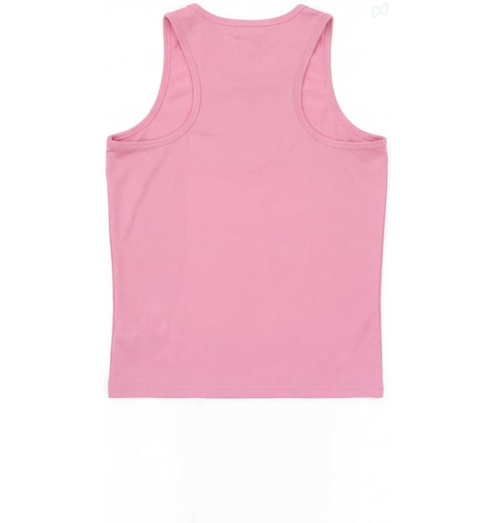 A pink youth singlet featuring a simple design and a logo on the back.