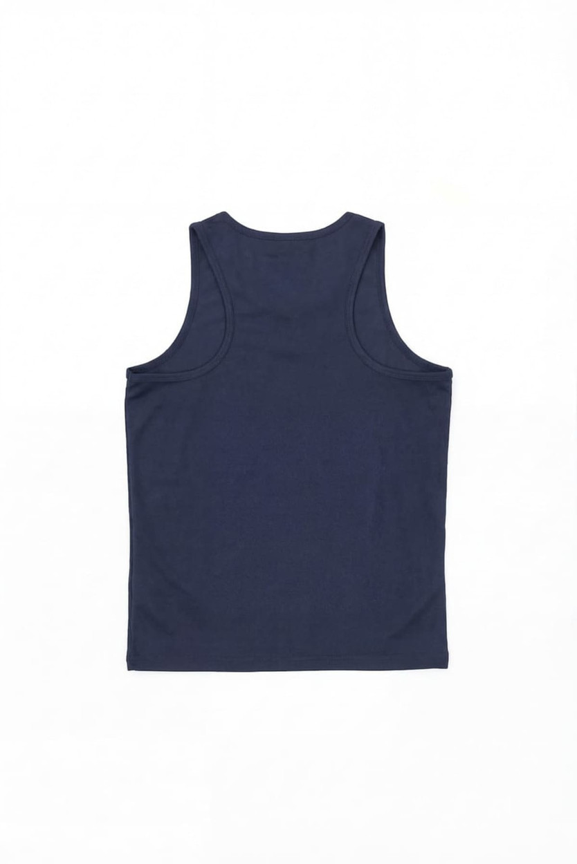 A navy blue singlet featuring a simple design with a logo on the back. Suitable for sports or casual wear.