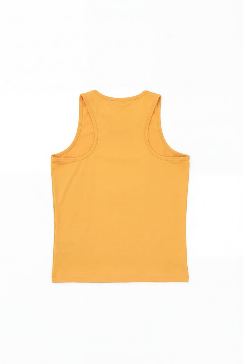 A yellow youth singlet with a simple, sleeveless design and a logo on the back.