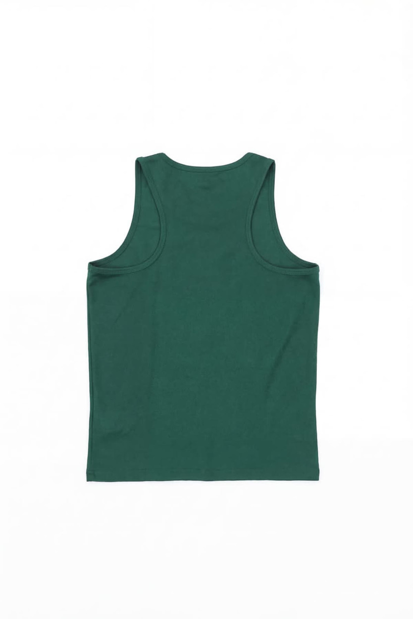 A green youth singlet with a plain back. Features minimal design and includes a brand logo.