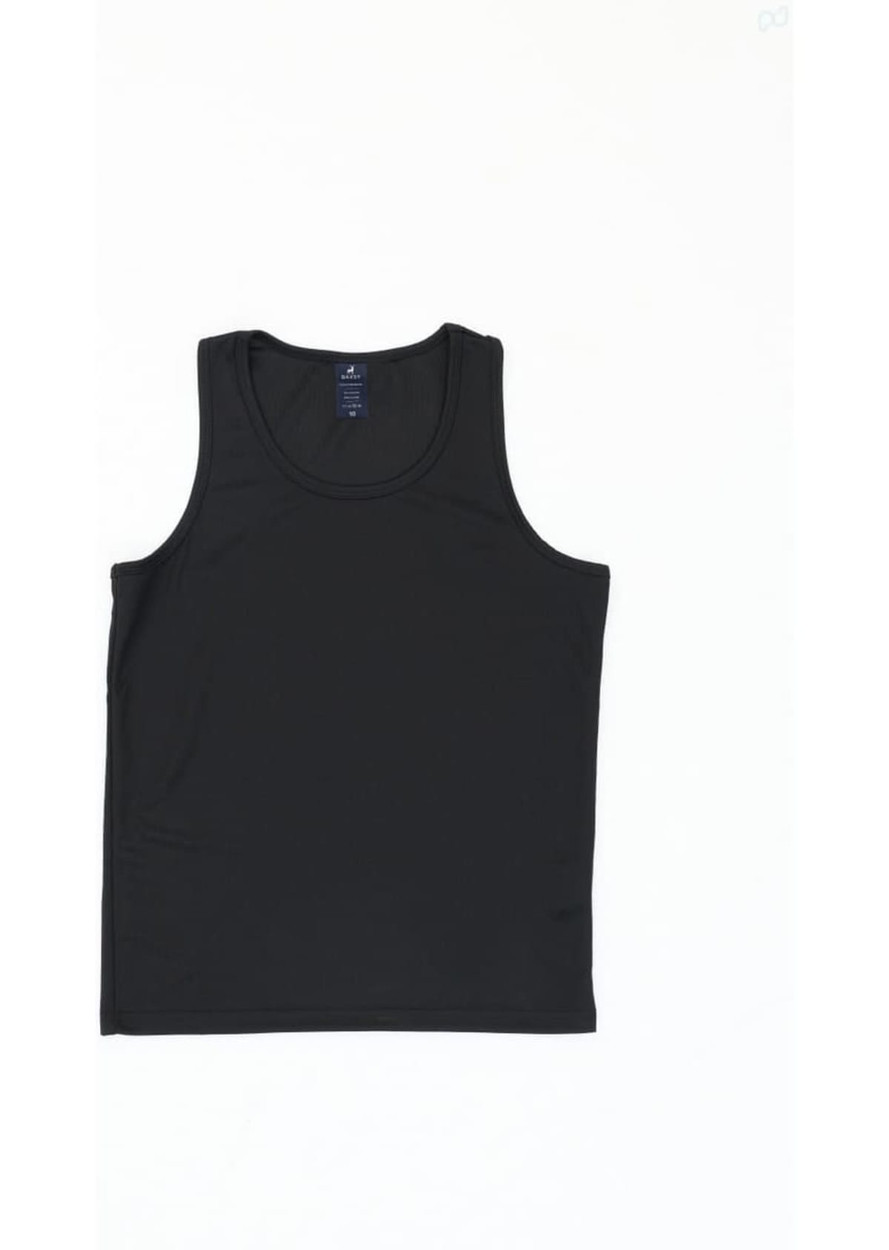 A black youth singlet featuring a simple design and a logo. Perfect for sports activities.