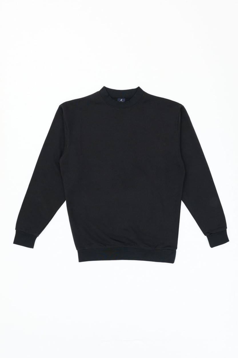 A black jumper with long sleeves and a round neckline, featuring a logo on the front.