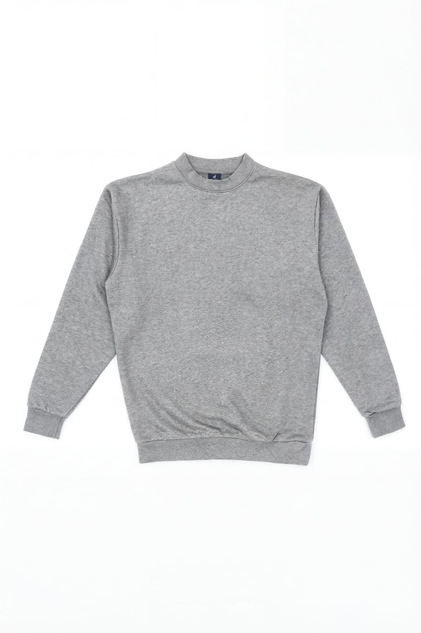 A grey crew jumper featuring a round neckline and ribbed cuffs, with a logo on the front.