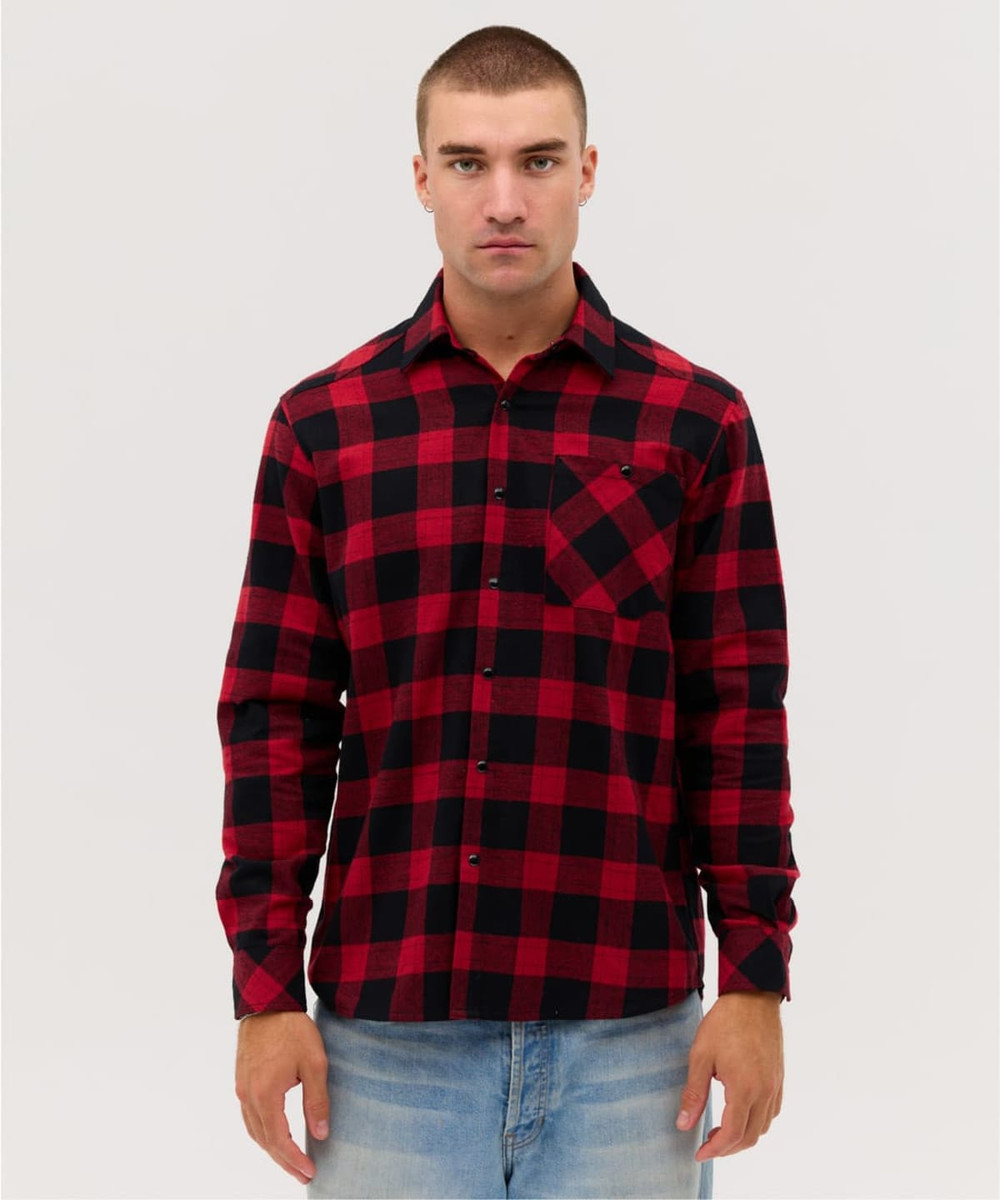 A men's button-up shirt featuring a red and black checked pattern, with a front pocket and a logo.