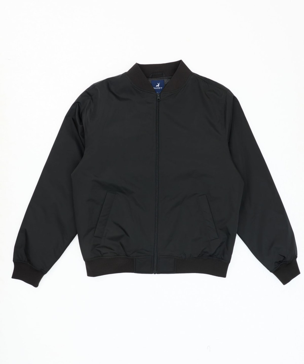 A black bomber jacket with a zip front and ribbed cuffs, featuring a branding logo.