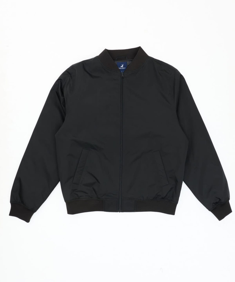 A black bomber jacket with a zip front, featuring a ribbed collar and cuffs, and a branding logo.