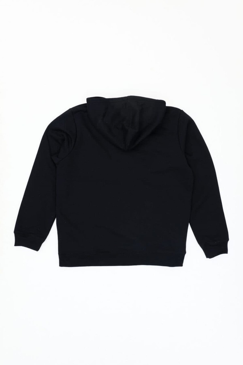 A black hoodie featuring a spacious hood and long sleeves, with a logo on the back.