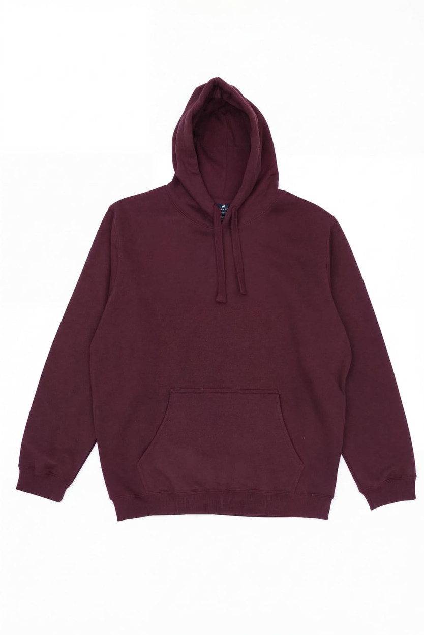 A burgundy hoodie with a kangaroo pocket and a hood, featuring a logo on the label.