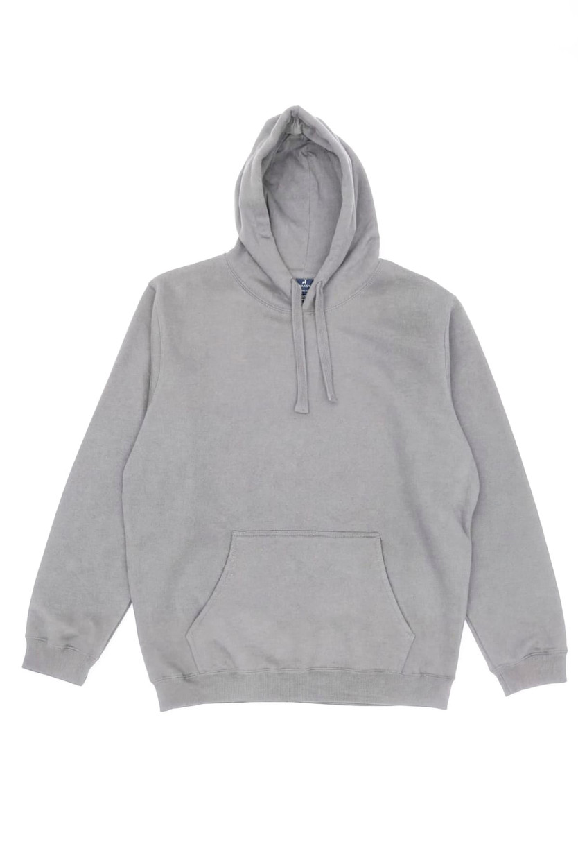 A grey hoodie with a front pocket and a drawstring hood, featuring a small logo.