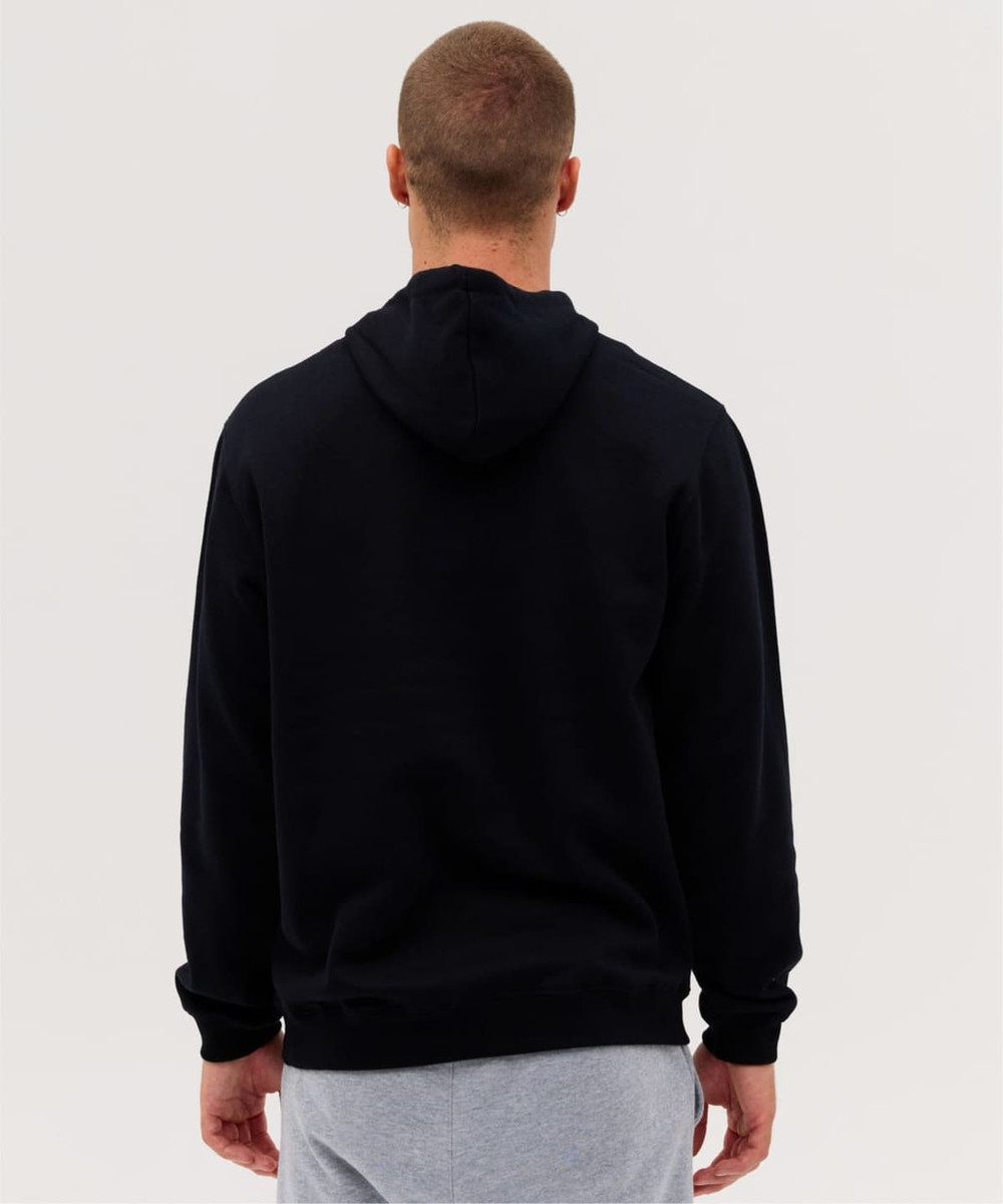 A black hoodie with a hood, displayed from the back, featuring a simple design and elastic cuffs.