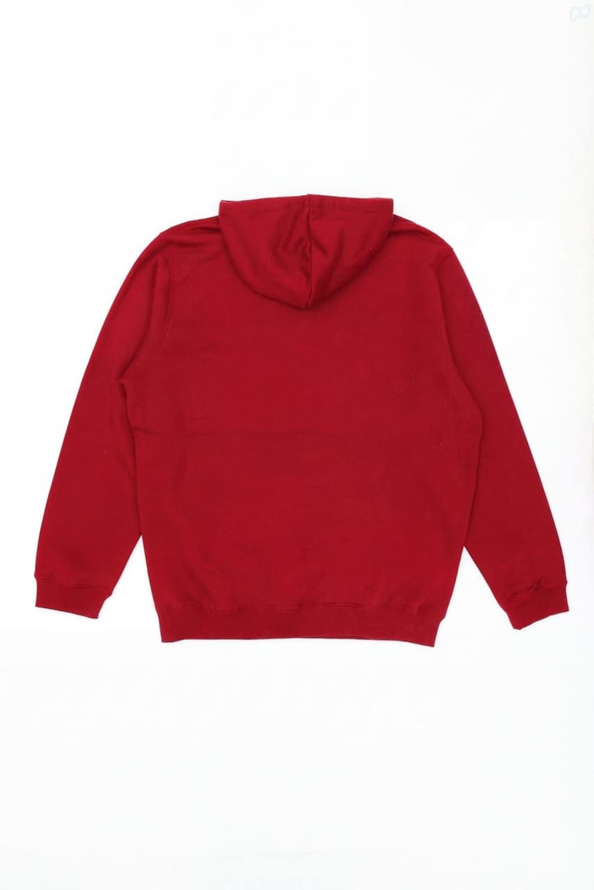 A red hoodie with a kangaroo pocket and a hood at the back, featuring a branding logo.
