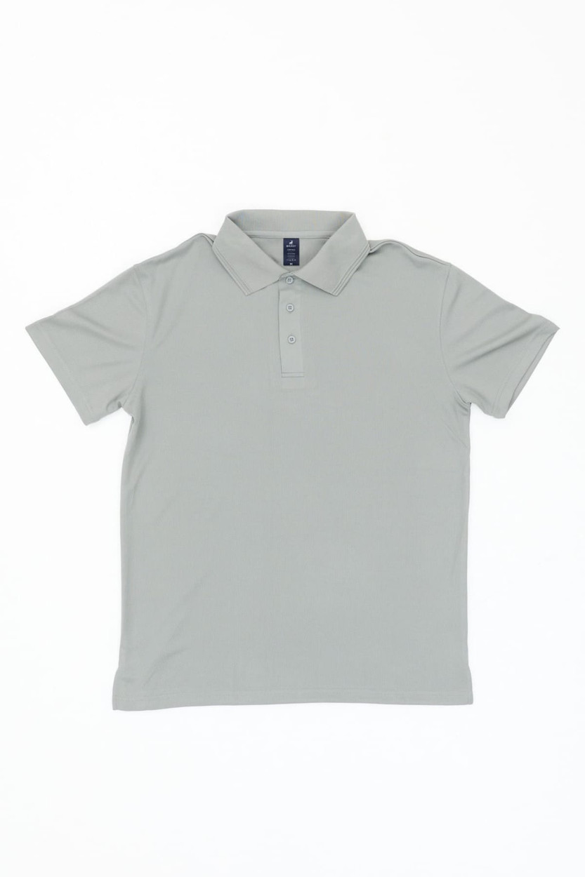 A light grey polo shirt with a collar and three buttons, featuring a branding logo on the inside neck.