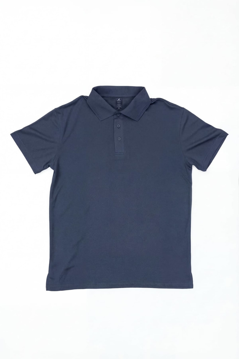 A navy blue polo shirt featuring a collar and three buttons, with a logo on one side.