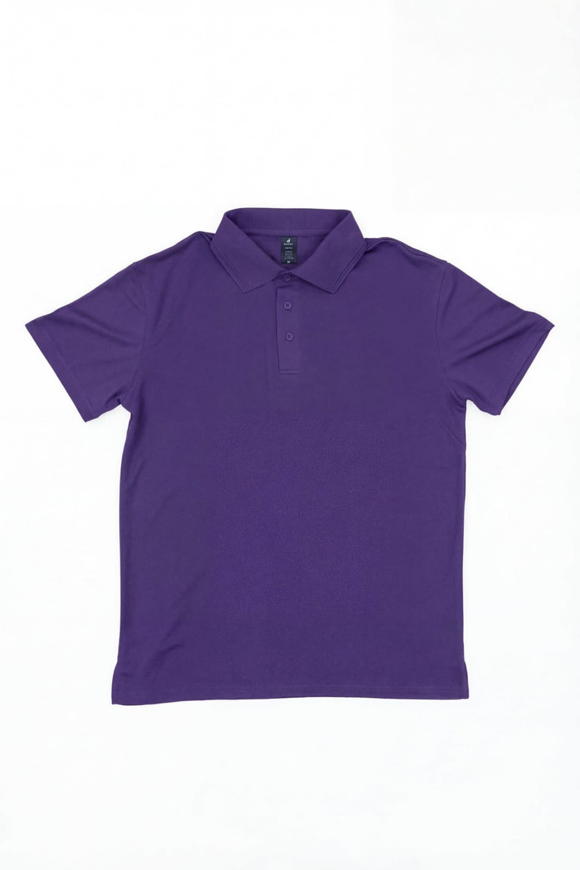 A purple polo shirt with a collar and short sleeves, featuring a logo on the chest.