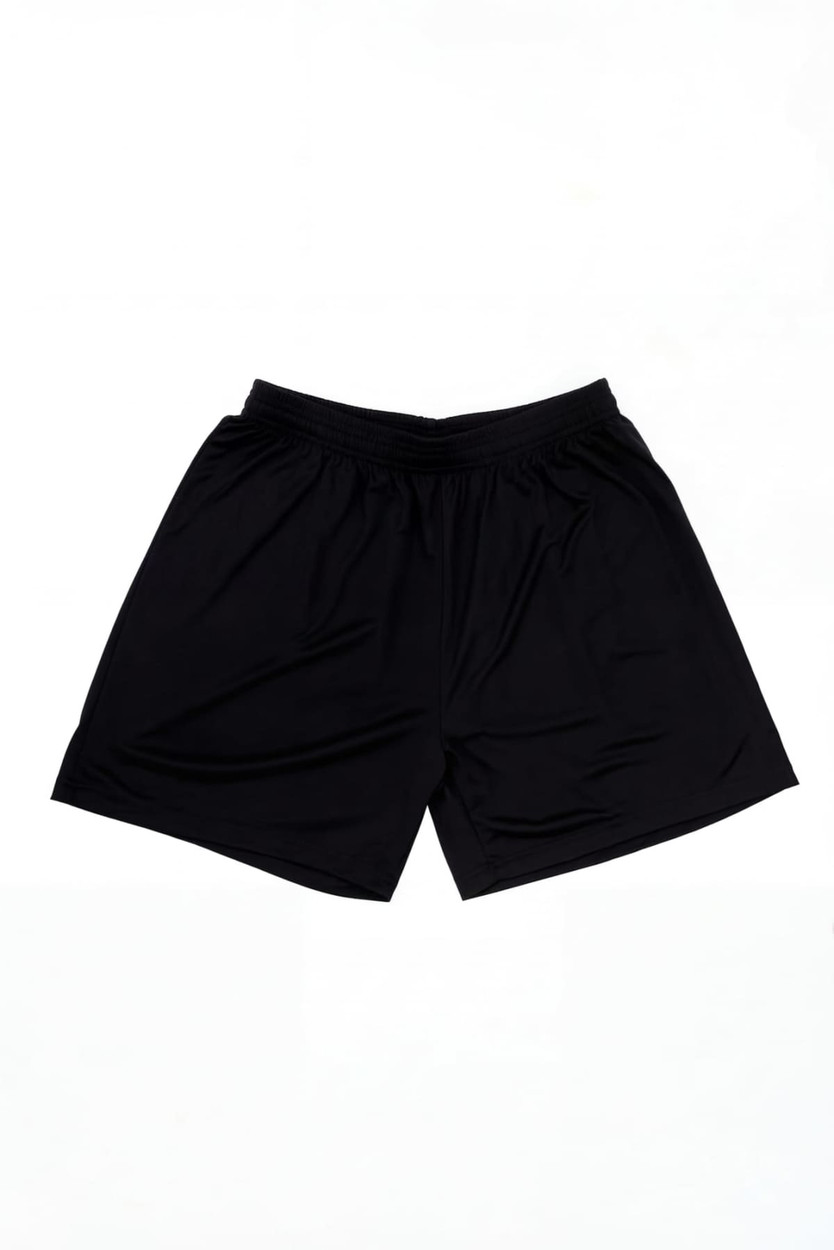 A pair of black sports shorts featuring an elastic waistband and a simple design.