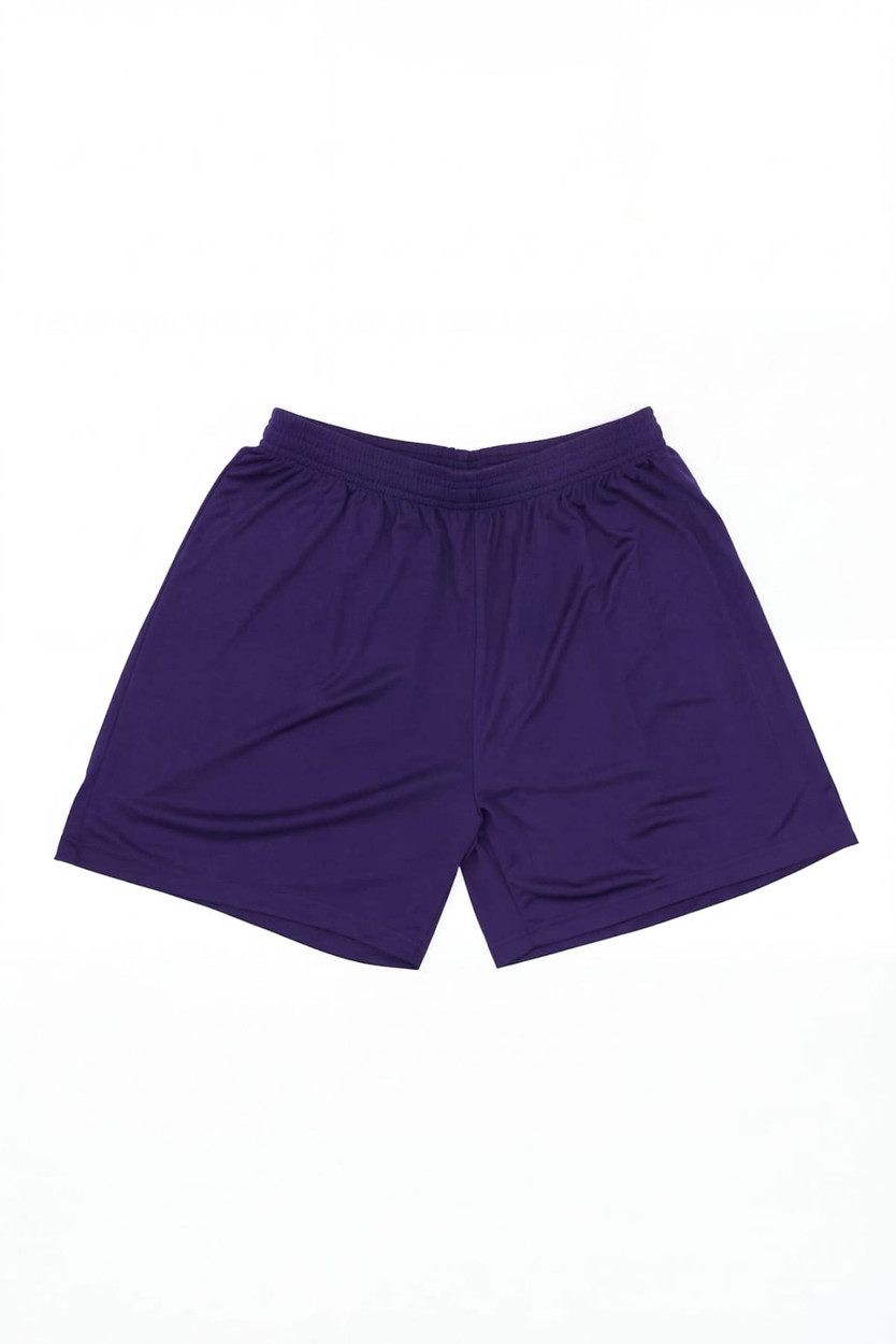 Purple sports shorts with an elastic waistband and a logo.