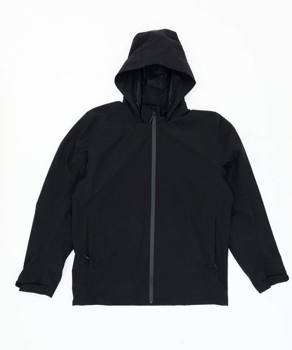 A black rain jacket featuring a hood and a front zipper, with side pockets and a logo.