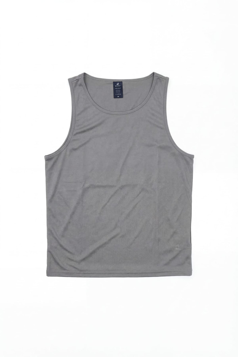 A grey singlet without sleeves, featuring a label and a simple design. It has one logo visible.
