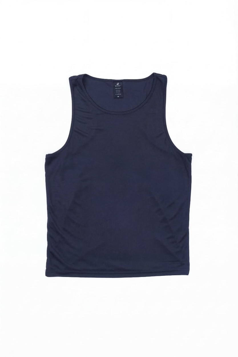 A navy blue singlet with a round neckline and a branding label inside.