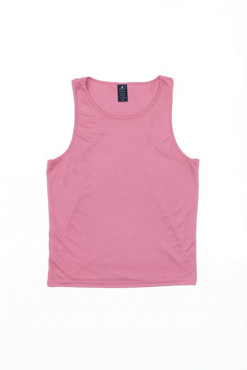 A pink singlet with a simple design and a brand label on the neckline.