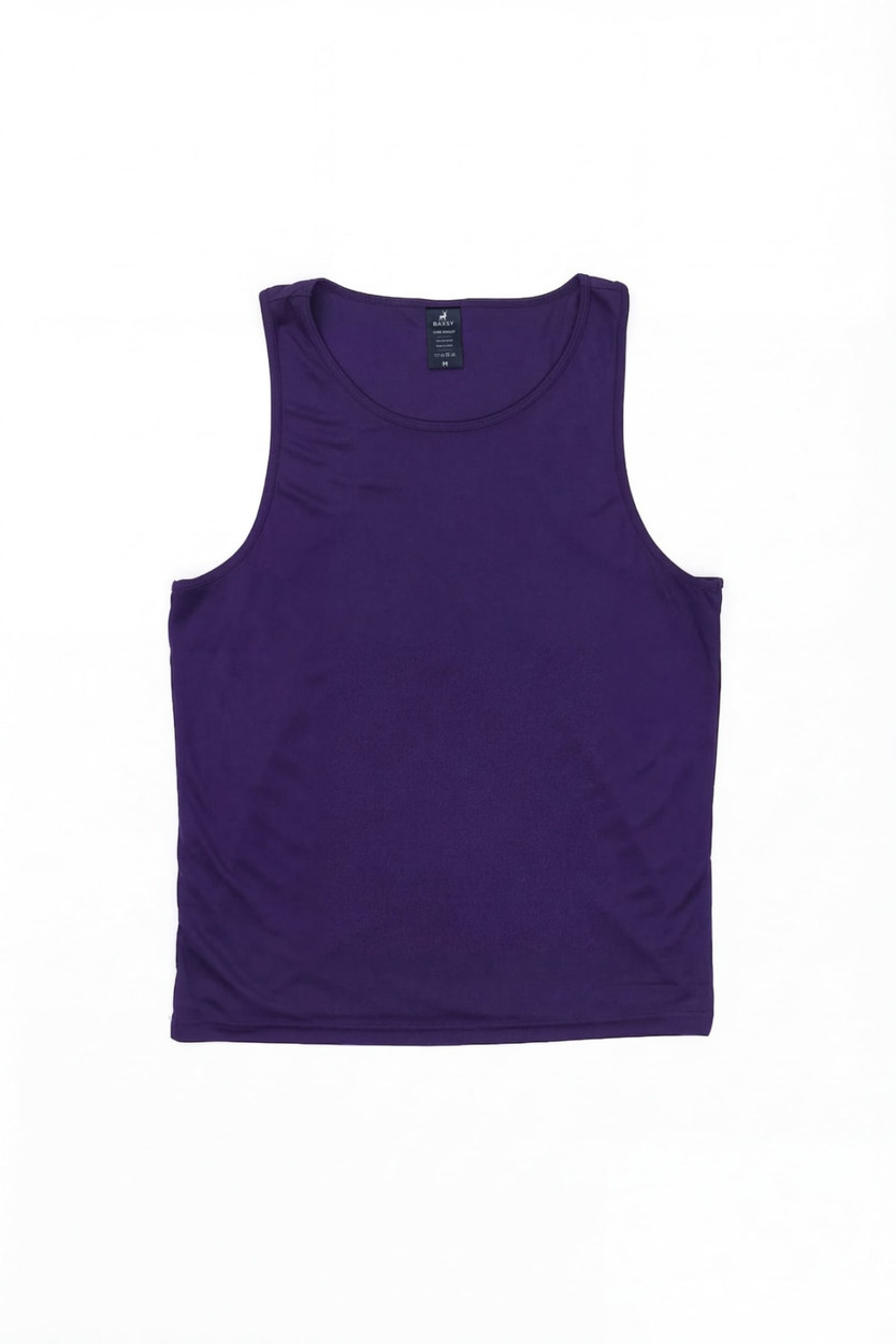 A purple singlet featuring a soft fabric and a label inside. It has a simple design and no notable patterns.