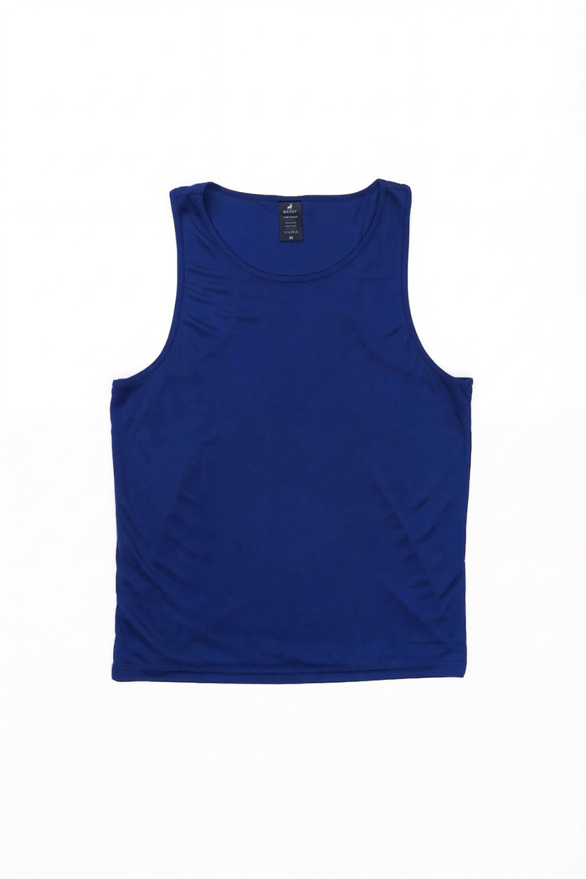 A blue singlet featuring a logo, made of smooth material, displayed flat on a white background.