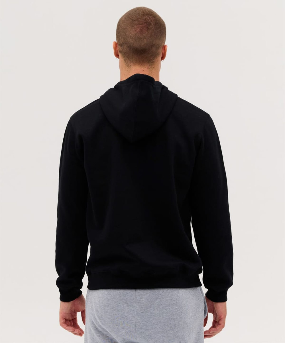 A black hoodie with a hood shown from the back, paired with grey sweatpants. The hoodie features a logo.