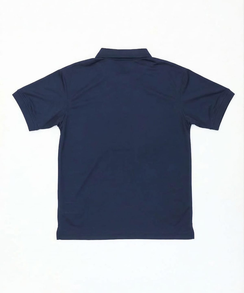A navy polo shirt featuring a collared design and short sleeves, with a logo on the back.