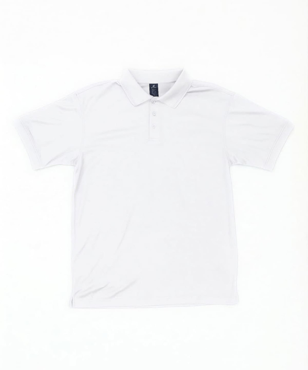 A white polo shirt featuring a collar and short sleeves, with a small brand logo on the chest.