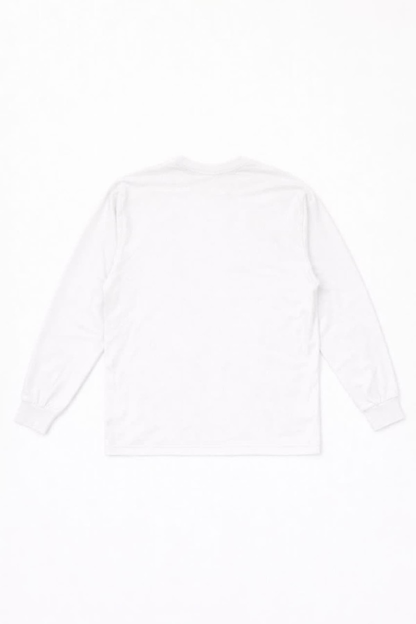 A white long sleeve tee with a simple design and a logo on the back.