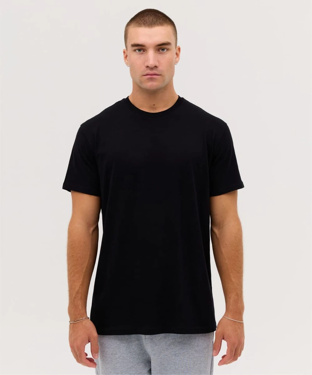 A plain black t-shirt featuring short sleeves and a round neckline, presented on a male model.