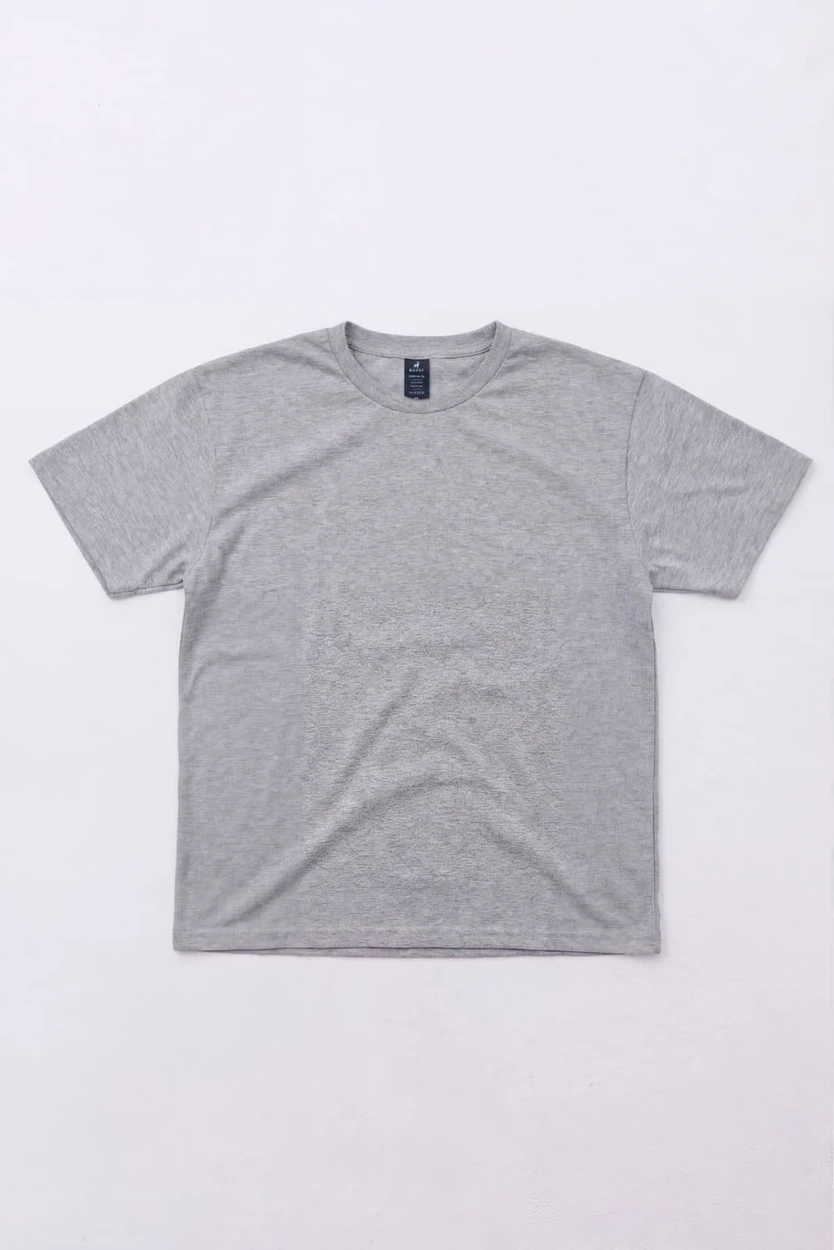 A grey singlet shirt laid flat, featuring a simple design and a label on the neckline.