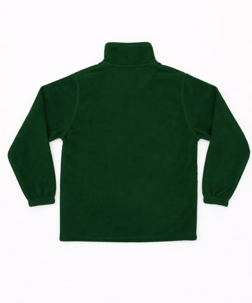 A dark green polar fleece jacket with a 1/4 zip and high collar, featuring long sleeves and a plain back.