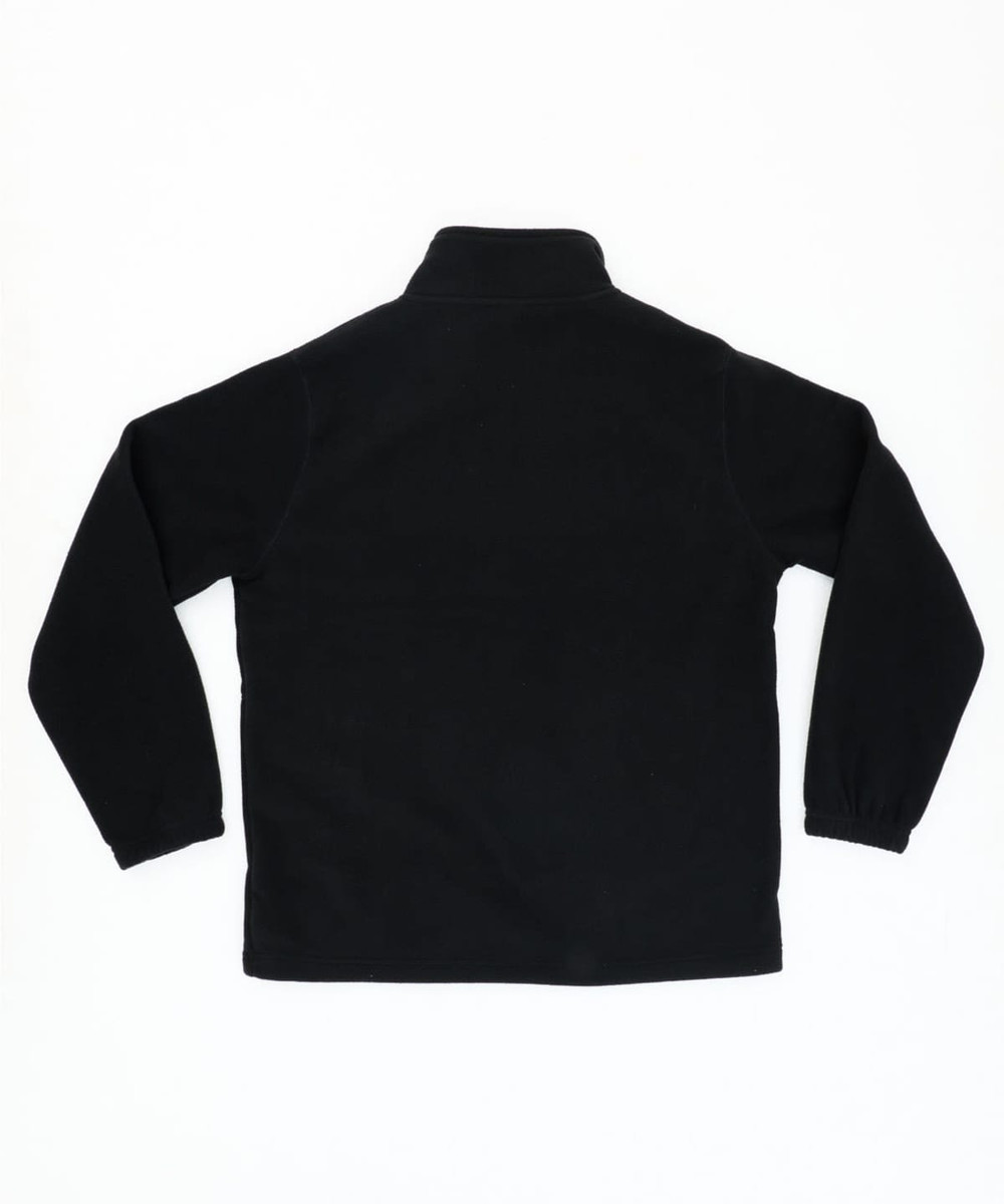 A black polar fleece full zip jacket with long sleeves and a collar, featuring a logo.