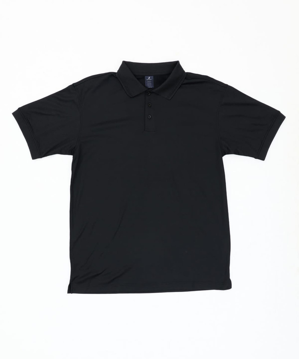 A black polo shirt with a collar and button placket, featuring a logo on the design.