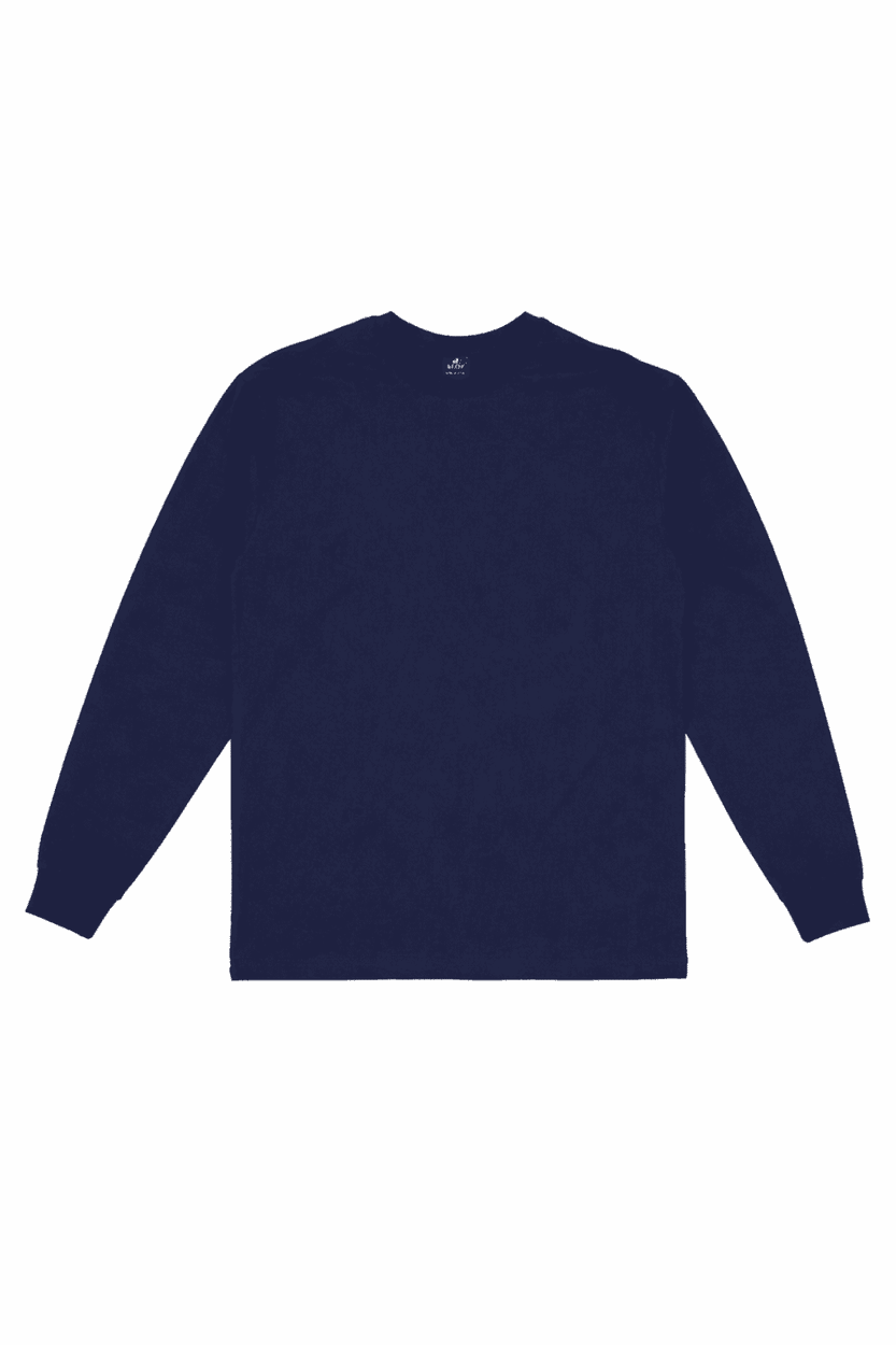 A navy long sleeve tee with a crew neckline and branded logo. Suitable for casual wear.