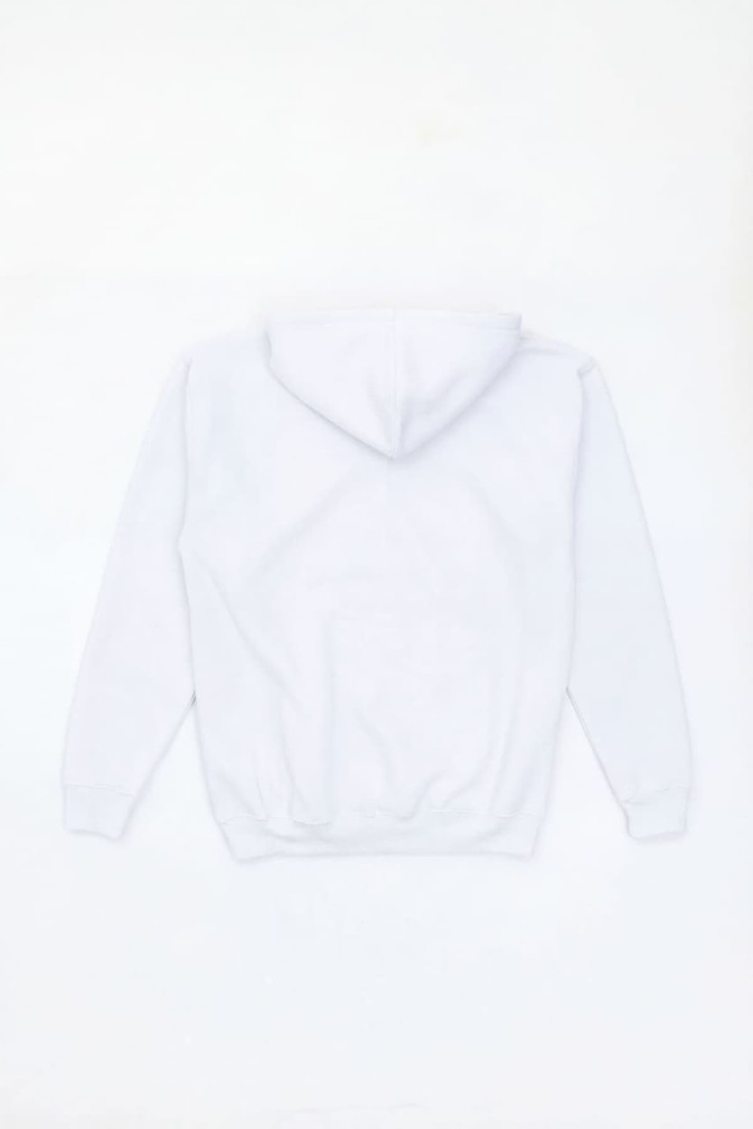 A white hoodie featuring a hood and a front pocket, with a branding logo on it.